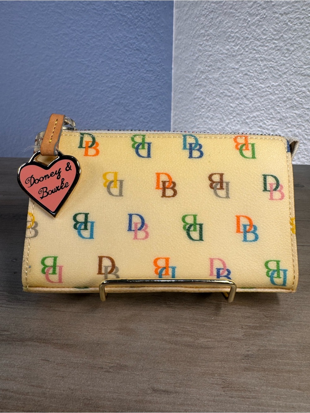 Dooney & Bourke Cream Multicolor DB Monogram Mini Wallet with Pink Heart Charm